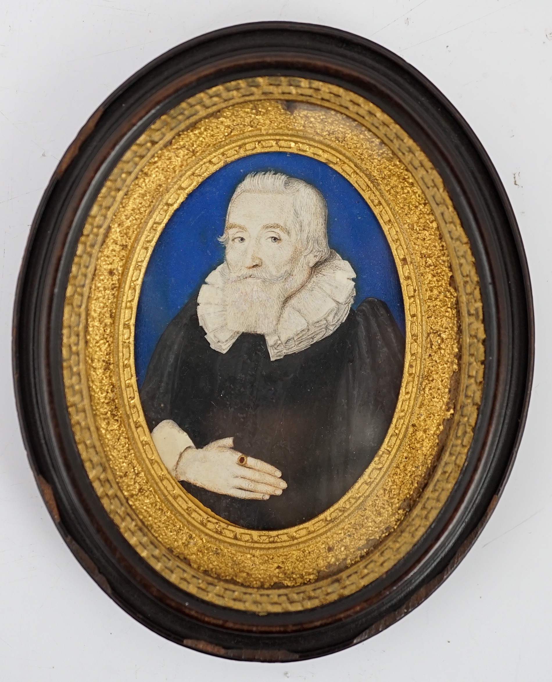 Attributed to Edward Norgate (British, 1581-1650), Portrait miniature of John Harrison Senior (1552-1628), watercolour on vellum, 5.7 x 4cm.